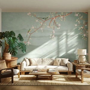 Fototapeta Premium Canvas - Jar je tu - Pastel, Vtáky, Kvety - 300x210 cm
