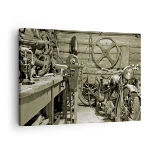 Obraz na plátne - Retro dielňa s motocyklami a náradím - 70x50cm - V kôlni strýka Mariána - Moderná nástenná dekorácia do obývacej izby a spálne ARTTOR
