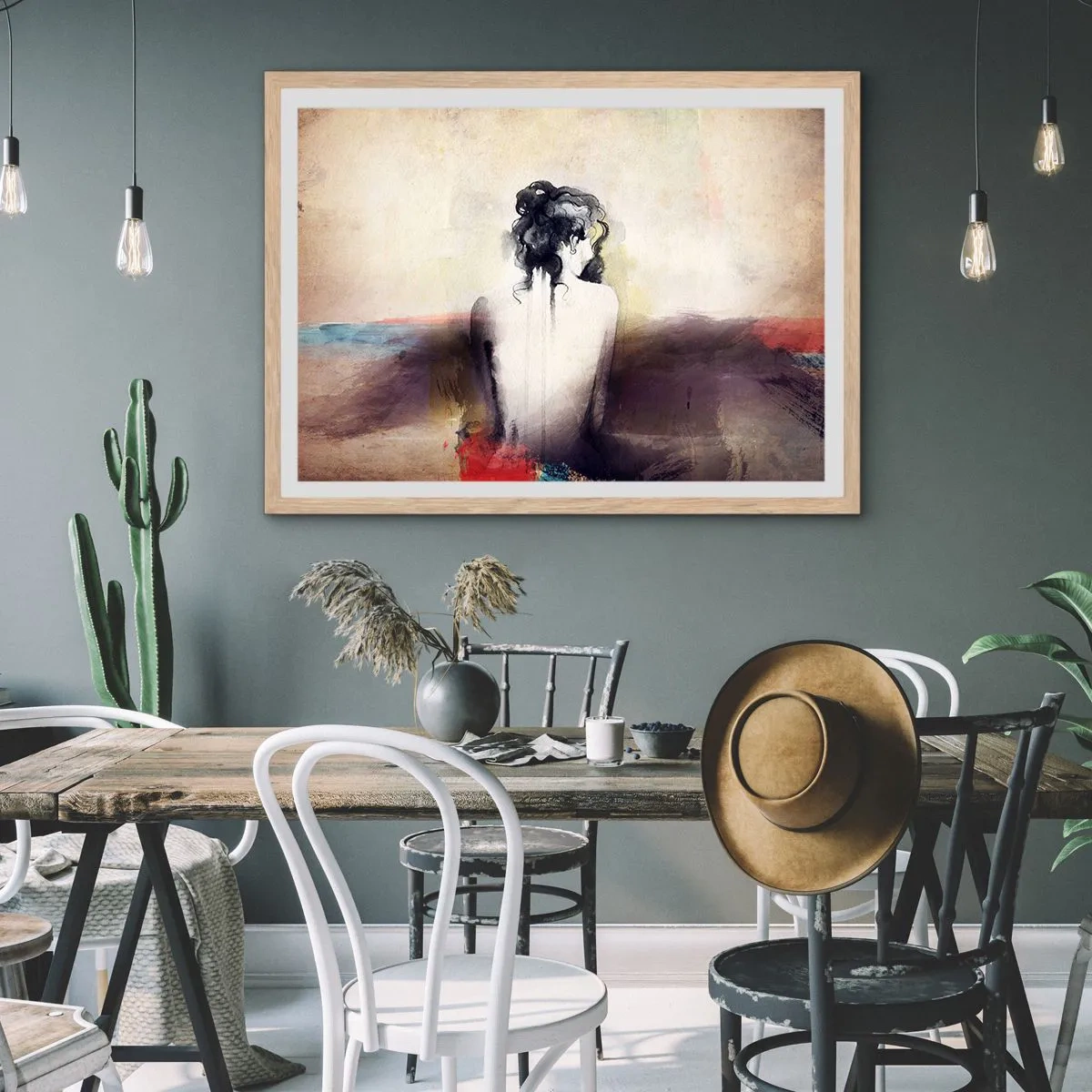 Plagát v ráme zo svetlého duba - Jemné línie, oválne tvary - 91x61 cm