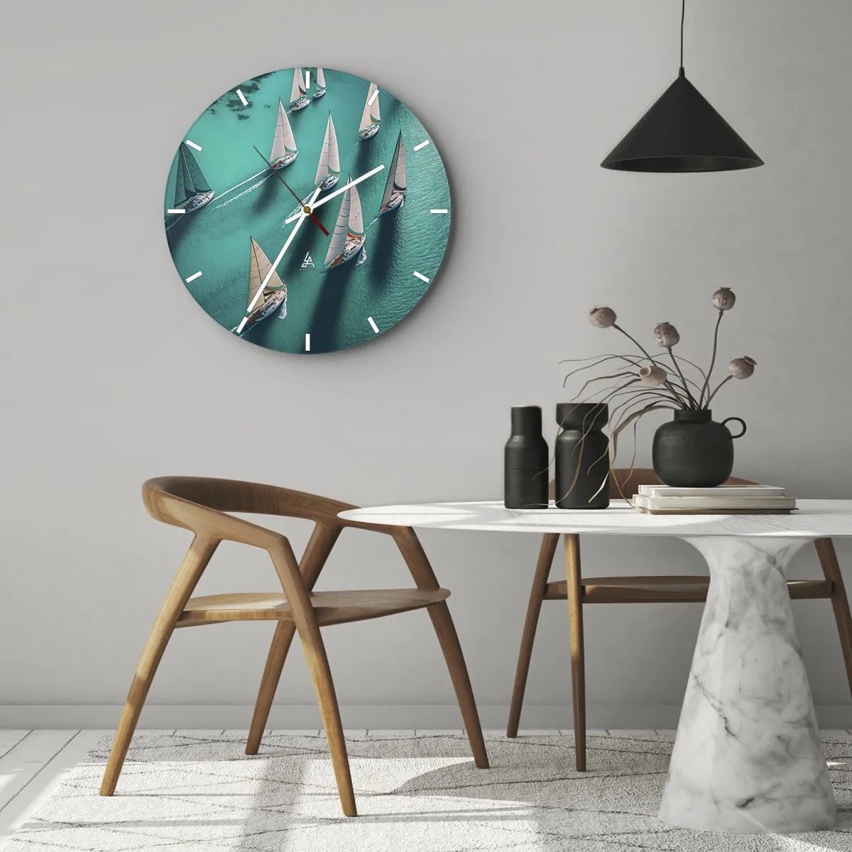 Nástenné hodiny - Plachetnice na tyrkysovej vode v dynamickom usporiadaní - 30x30cm - Zápasenie s vetrom - Moderná nástenná dekorácia do obývacej izby, kuchyne a spálne ARTTOR