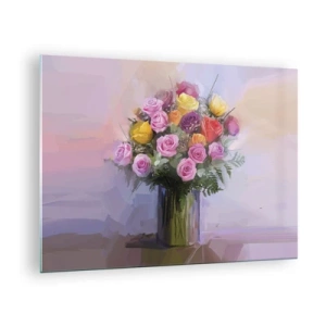 Obraz na skle - Kytica ruží v sklenenej váze na pastelovom pozadí - 70x50cm - Zachytená krása - Moderná nástenná dekorácia do obývacej izby a spálne ARTTOR