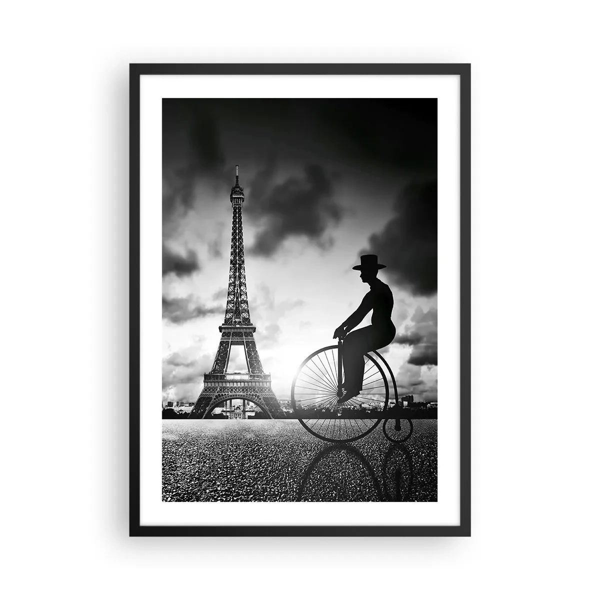Plagát v čiernom ráme - Silueta cyklistu na pozadí Eiffelovej veže - 50x70cm - Túžba po Belle Epoque - Moderná nástenná dekorácia do obývacej izby a spálne ARTTOR