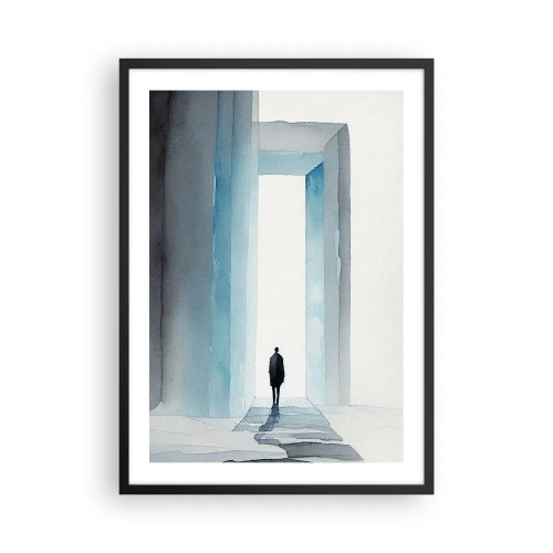 Plagát v čiernom ráme - Postava prechádzajúca modrou bránou symbolizujúca slobodu a neobmedzené možnosti - 50x70cm - Ži bez obmedzenia - Moderná nástenná dekorácia do obývacej izby a spálne ARTTOR