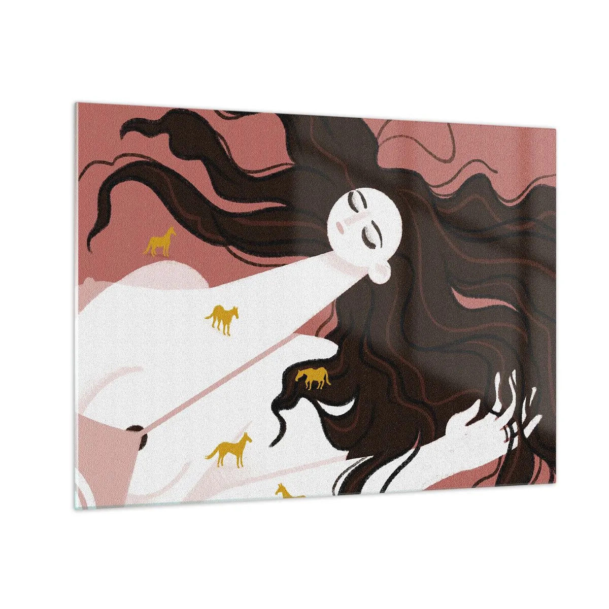 Obraz na skle - Žena s dlhými vlasmi a zlatými koňmi na ružovom pozadí. - 70x50cm - Sen o zlatom koni - Moderná nástenná dekorácia do obývacej izby a spálne ARTTOR