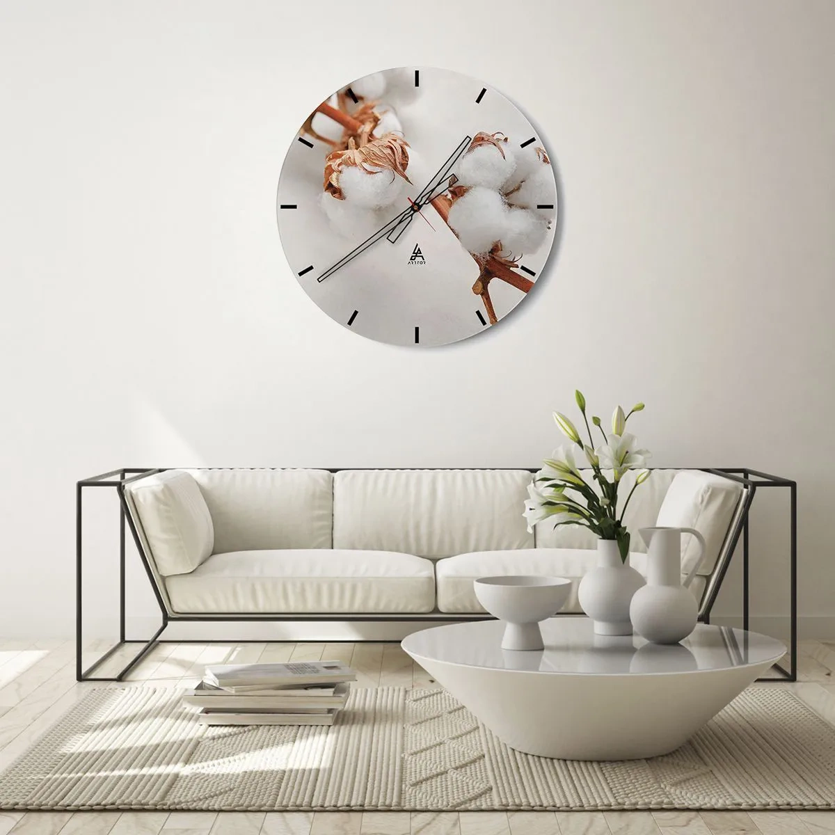 Nástenné hodiny - Biele nadýchané bavlnené kvety na svetlom pozadí - 30x30cm - Len objímať - Moderná nástenná dekorácia do obývacej izby, kuchyne a spálne ARTTOR