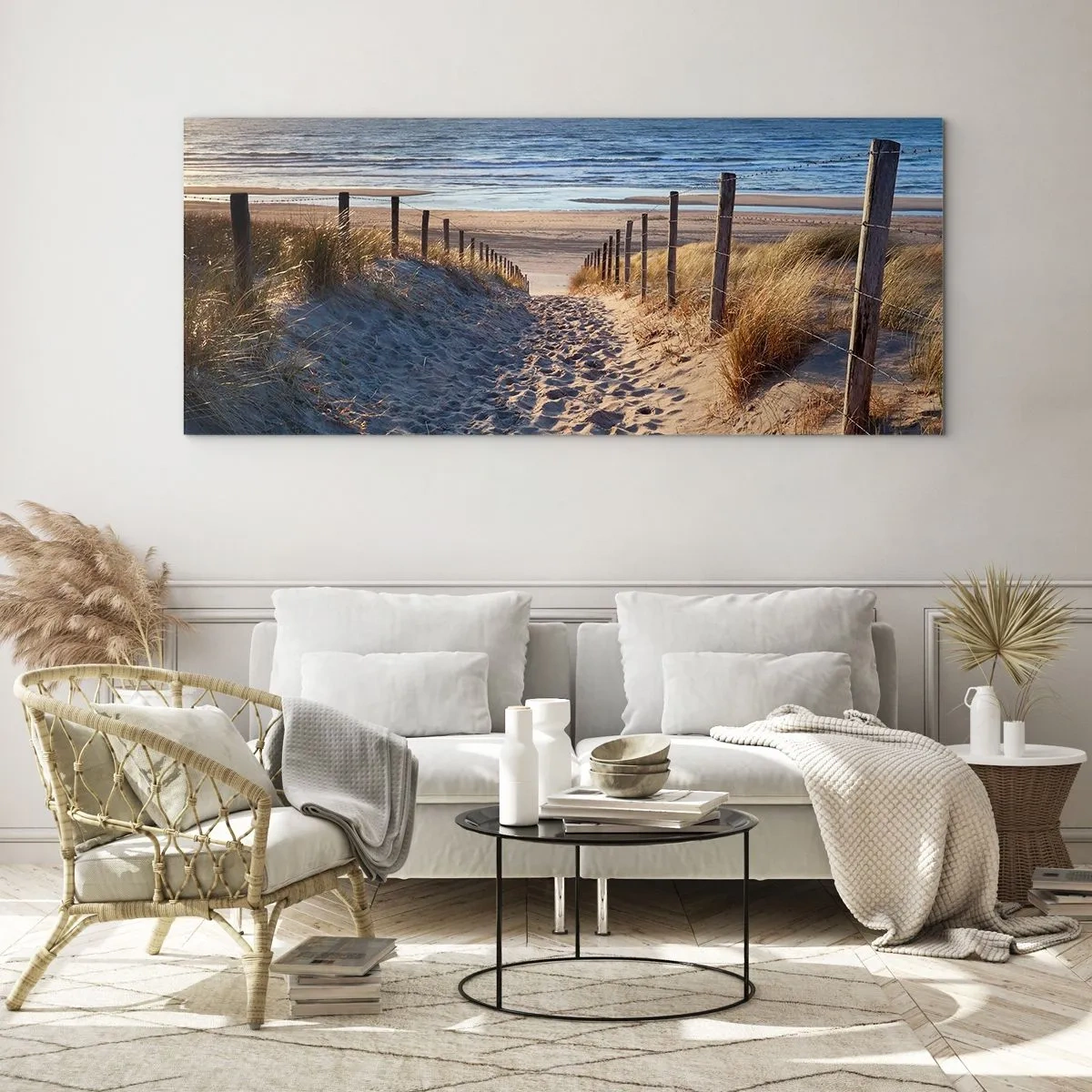 Obraz na skle - Šumenie mora, spev vtákov, divoká pláž uprostred trávy… - 100x40 cm