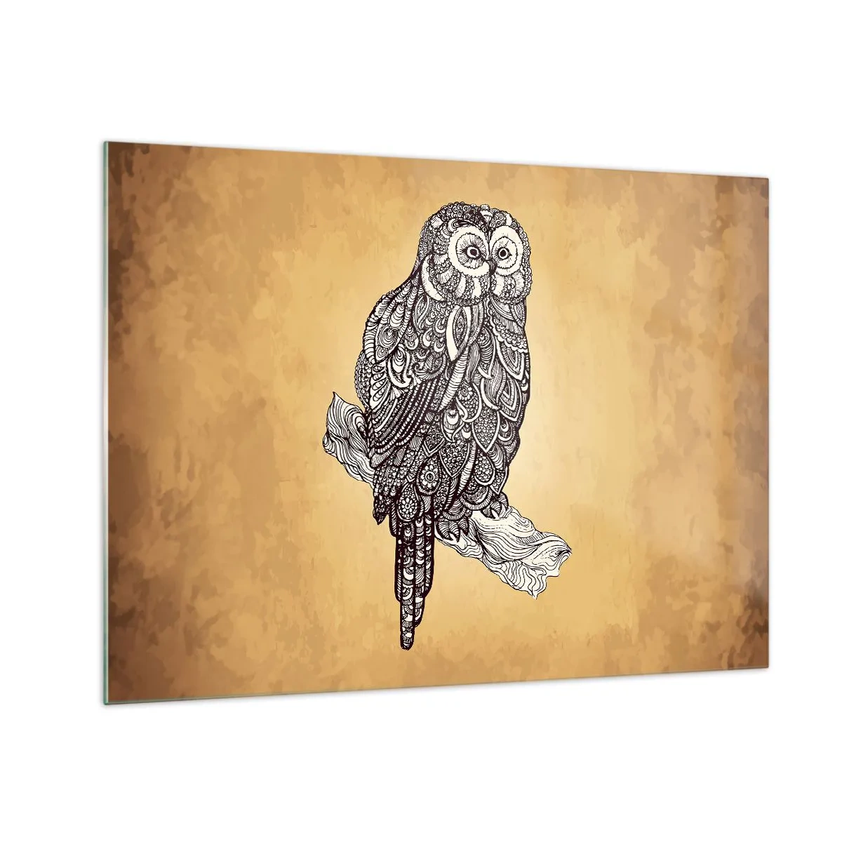 Obraz na skle - Ornamentálny štýl sov na sépiovom pozadí - 70x50cm - Majstrovské ornamenty múdrosti - Moderná nástenná dekorácia do obývacej izby a spálne ARTTOR