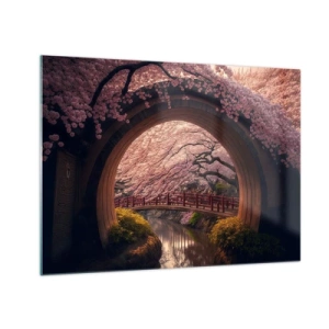 Obraz na skle - Čerešňové kvety a japonský most cez okrúhlu bránu - 70x50cm - Japonská jar - Moderná nástenná dekorácia do obývacej izby a spálne ARTTOR