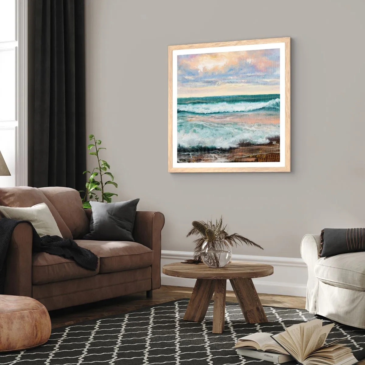 Plagát v ráme zo svetlého duba - Tu uhladíš dušu - 60x60 cm