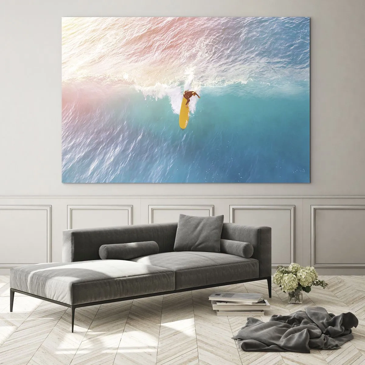 Obraz na skle - Surfer jazdiaci na vlne v tyrkysovom oceáne - 70x50cm - Oceanický jazdec - Moderná nástenná dekorácia do obývacej izby a spálne ARTTOR
