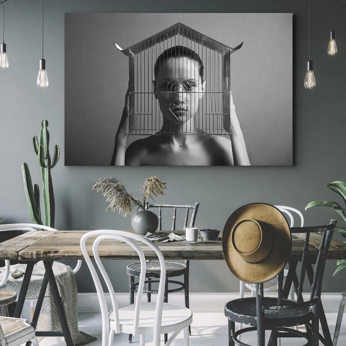 Obraz na plátne - Žena za klietkou v surrealistickom štýle - 70x50cm - Tak trochu surrealistický portrét - Moderná nástenná dekorácia do obývacej izby a spálne ARTTOR