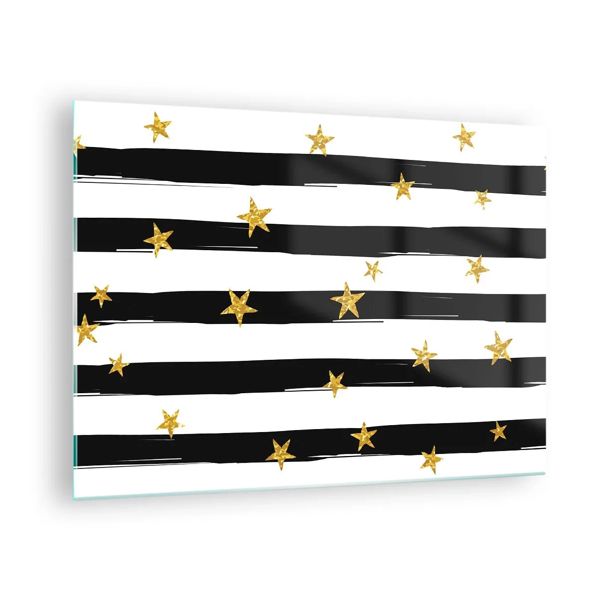 Obraz na skle - Čiernobiele pruhy so zlatými hviezdami - 70x50cm - Všetci sme sa narodili pod šťastnou hviezdou - Moderná nástenná dekorácia do obývacej izby a spálne ARTTOR