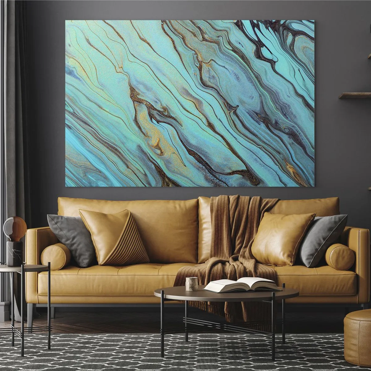 Obraz na skle - Abstraktné pruhy v tyrkysovej a zlatej farbe - 70x50cm - Tyrkysový príliv - Moderná nástenná dekorácia do obývacej izby a spálne ARTTOR