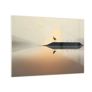 Obraz na skle - Volavka stojaca na ostrove v pokojných vodách jazera - 70x50cm - Pán na jazere - Moderná nástenná dekorácia do obývacej izby a spálne ARTTOR