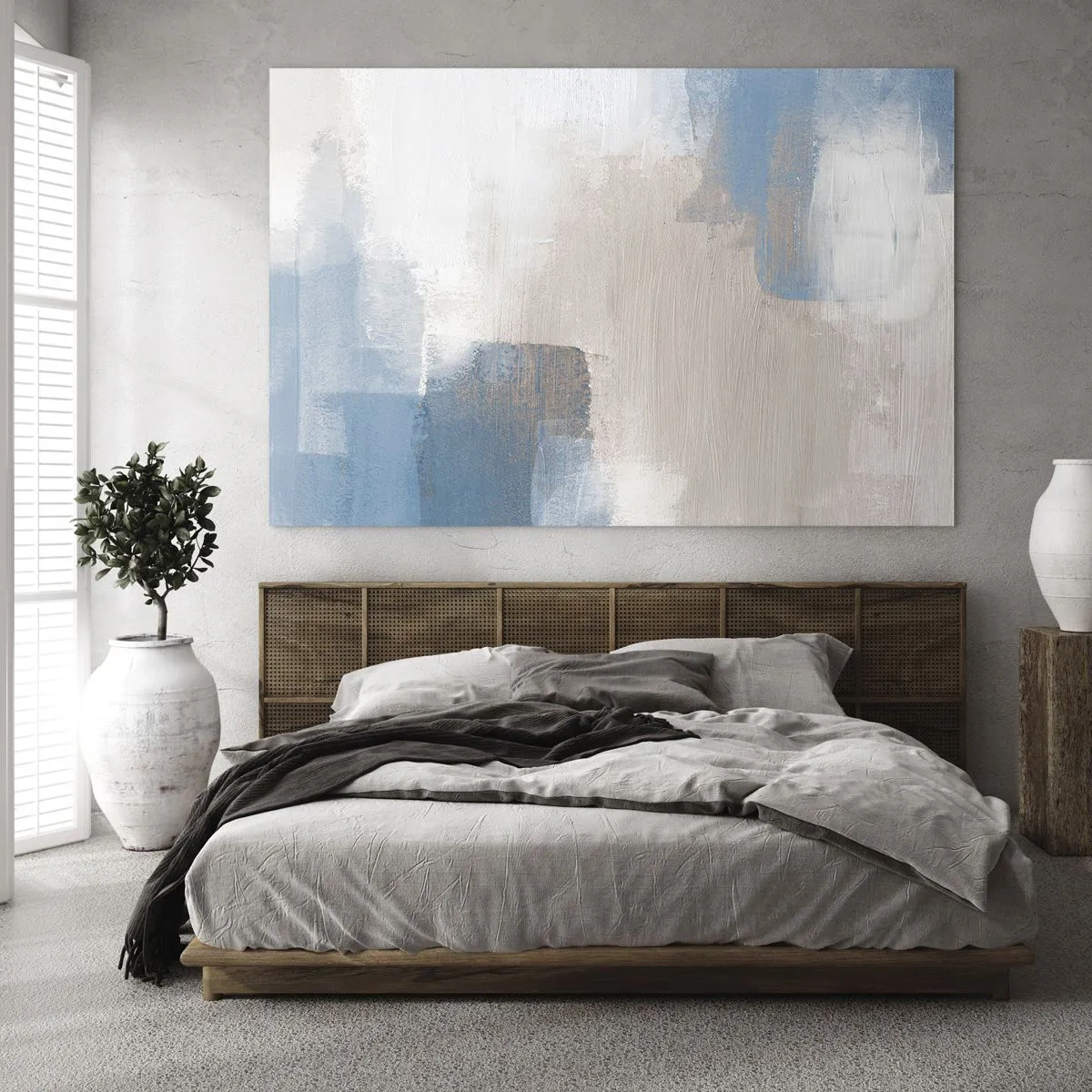 Obraz na skle - Béžová a modrá abstrakcia v pastelových farbách - 70x50cm - Ružová abstrakcia za modrým závojom - Moderná nástenná dekorácia do obývacej izby a spálne ARTTOR