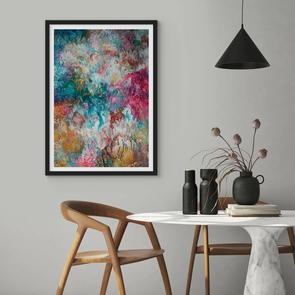 Plagát v čiernom ráme - Abstraktná kompozícia pripomínajúca kvitnúce kvety - 50x70cm - V plnom rozkvete - Moderná nástenná dekorácia do obývacej izby a spálne ARTTOR