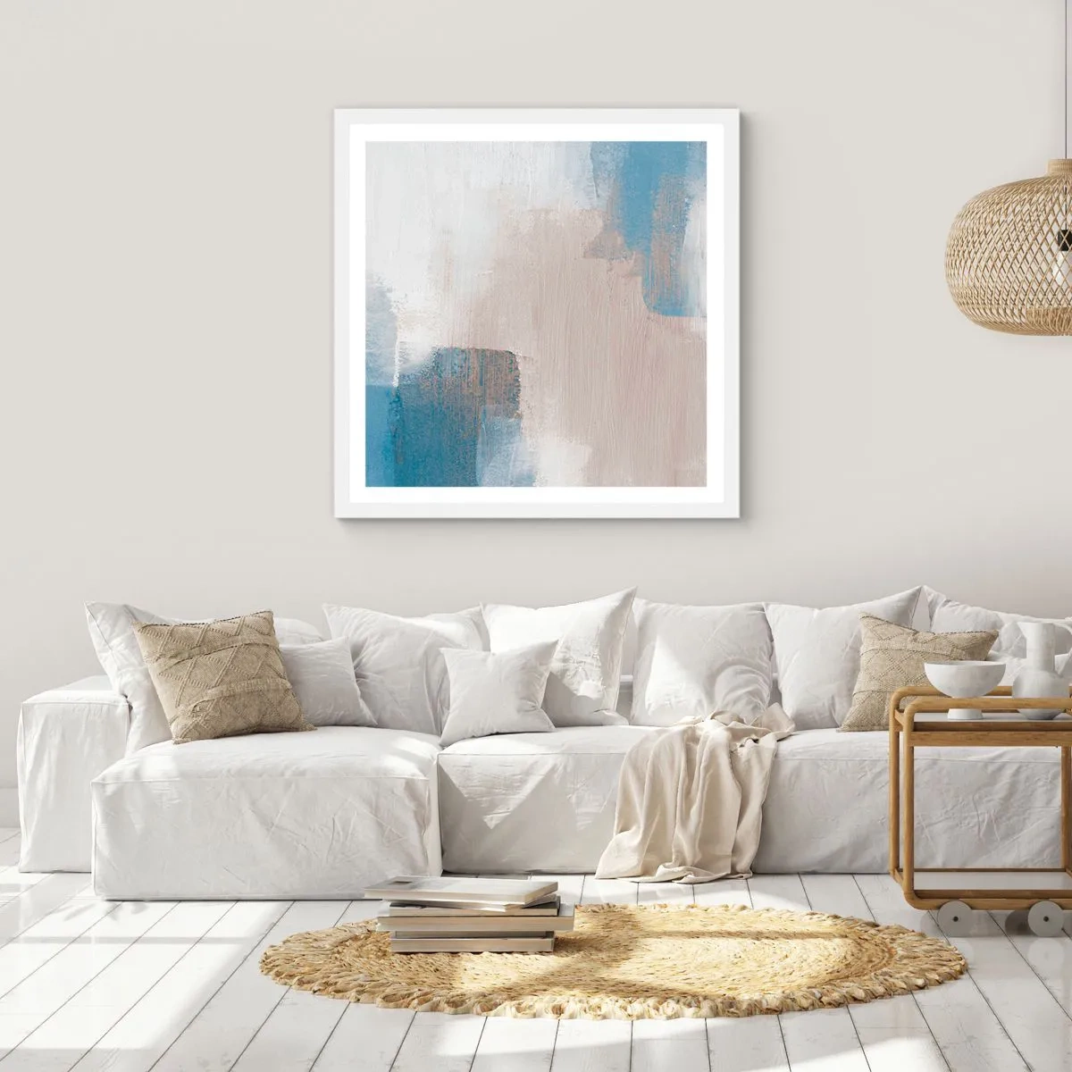 Plagát v bielom ráme - Ružová abstrakcia za modrým závojom - 60x60 cm