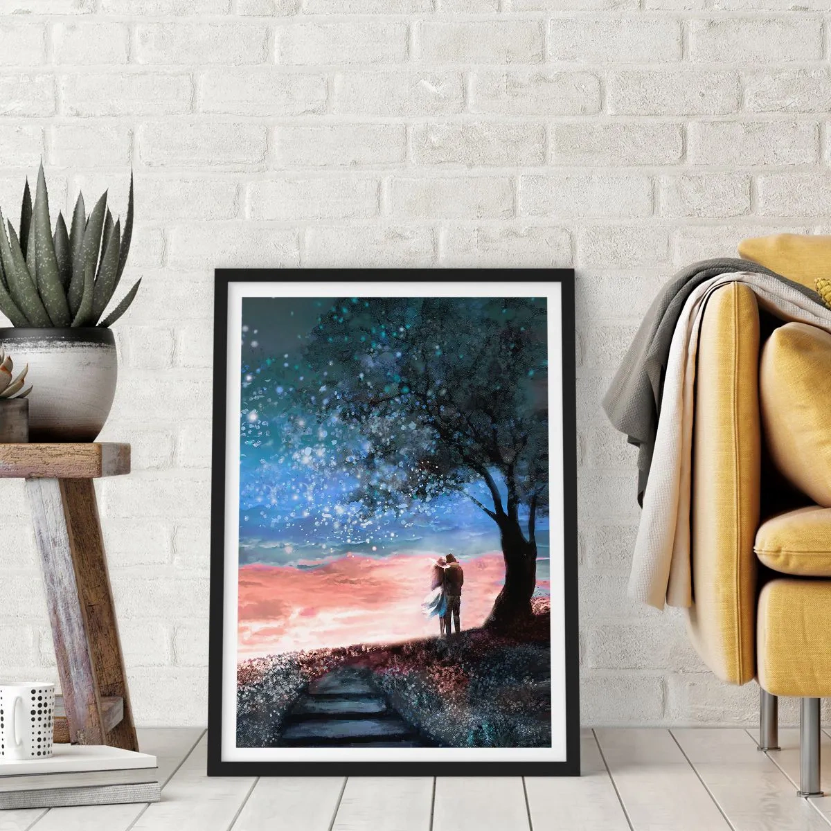 Plagát v čiernom ráme - Pár pod stromom v hviezdnom svetle a malebnej krajine - 50x70cm - Hviezdicovité predstavenie - Moderná nástenná dekorácia do obývacej izby a spálne ARTTOR