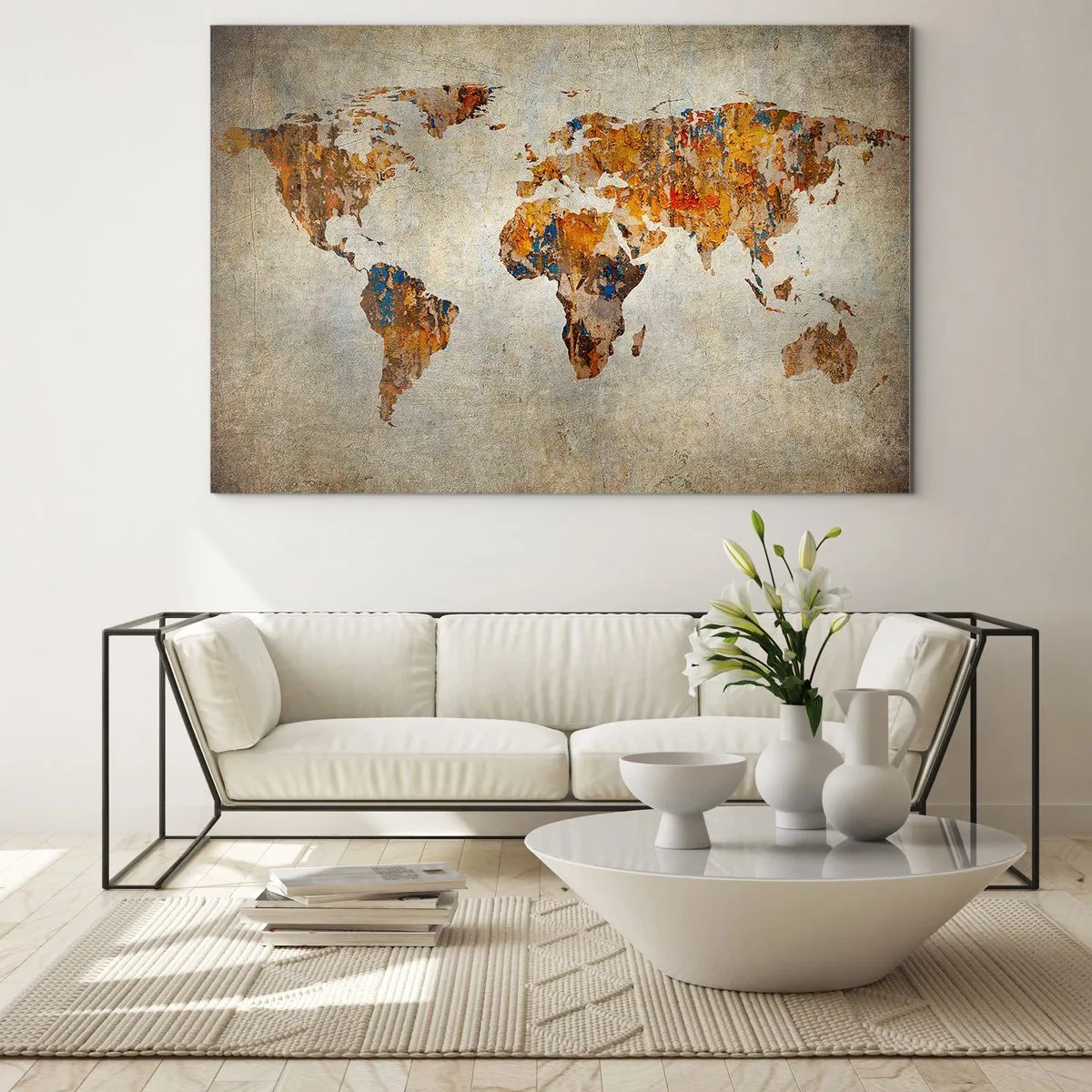Obraz na skle - Umelecká mapa sveta v teplých odtieňoch - 70x50cm - Skutočne veľký svet - Moderná nástenná dekorácia do obývacej izby a spálne ARTTOR