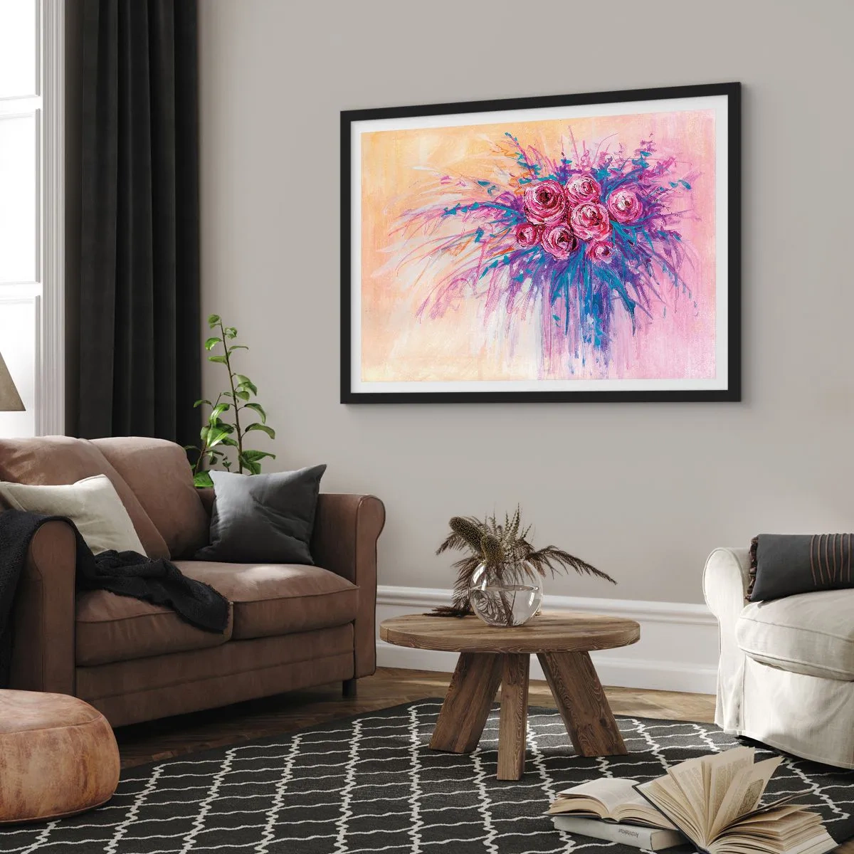 Plagát v čiernom ráme - Ružová fontána - 100x70 cm