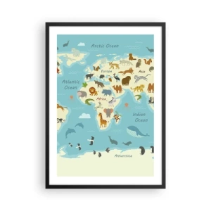 Plagát v čiernom ráme - Mapa sveta s ilustráciami zvierat v rôznych regiónoch - 50x70cm - Dobrí susedia - Moderná nástenná dekorácia do obývacej izby a spálne ARTTOR