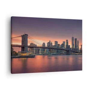Obraz na plátne - Nočná panoráma mesta s mostom a osvetlenou oblohou - 70x50cm - Ponorené do ľaliového ticha - Moderná nástenná dekorácia do obývacej izby a spálne ARTTOR