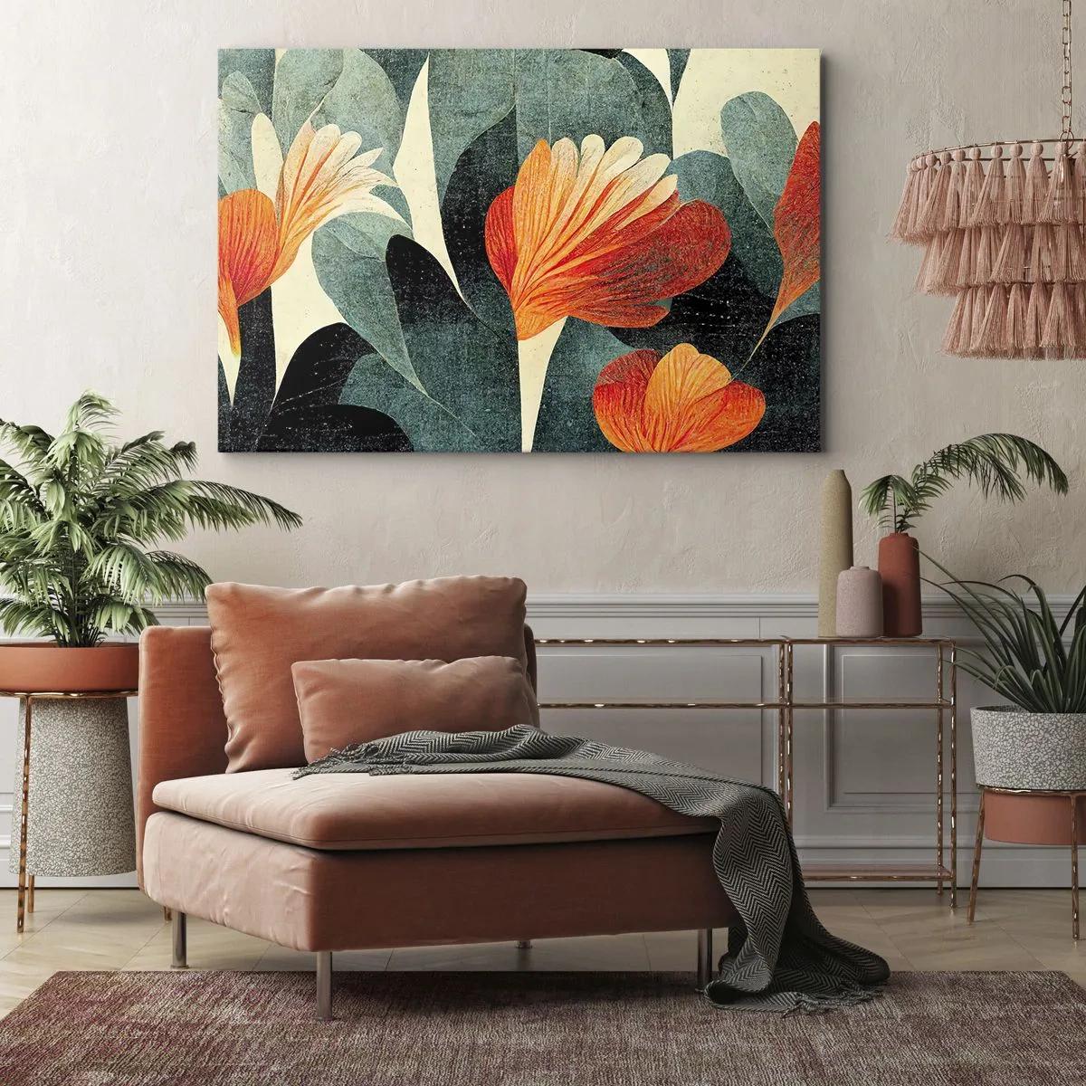 Obraz na plátne - Kvety v intenzívnych odtieňoch oranžovej a zelenej - 70x50cm - Tropické horúco a chlad zelene - Moderná nástenná dekorácia do obývacej izby a spálne ARTTOR