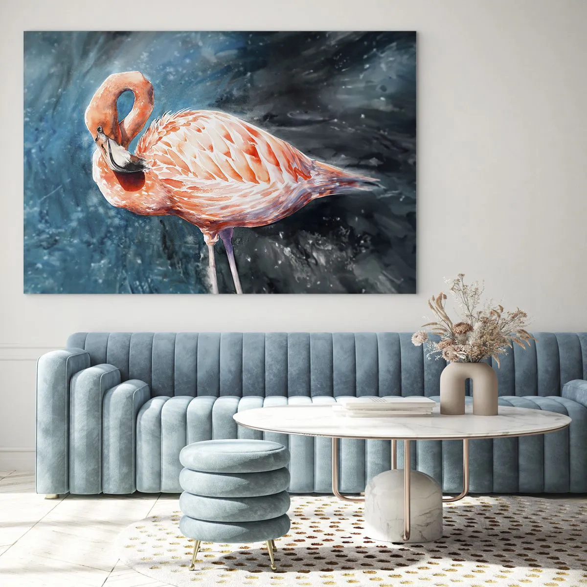 Obraz na skle - Ružový plameniak na modrom akvarelovom pozadí - 70x50cm - Dekoratívne od prírody - Moderná nástenná dekorácia do obývacej izby a spálne ARTTOR