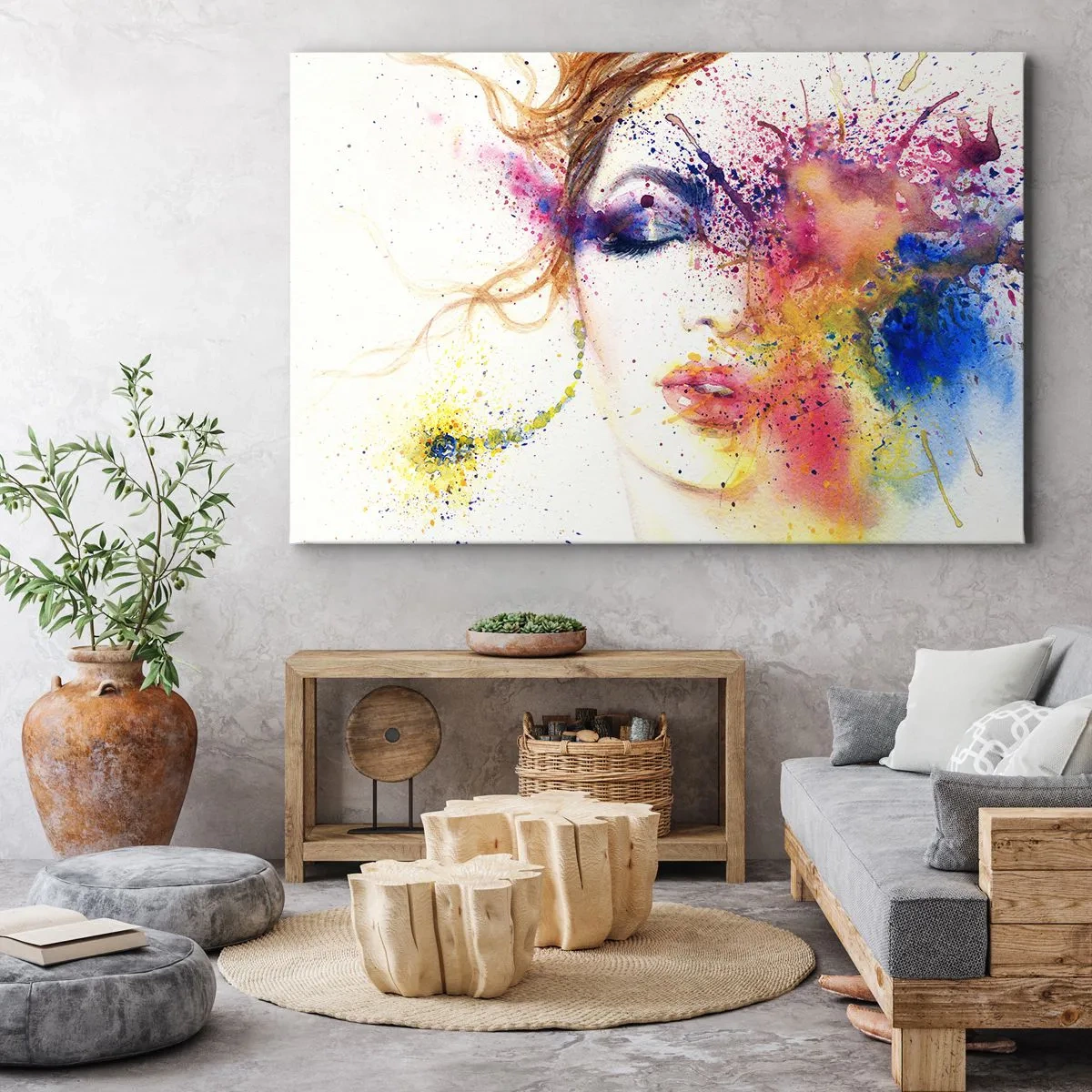 Obraz na plátne - Umelecký portrét ženy vo výrazných akvarelových farbách. - 70x50cm - Dúhové závraty - Moderná nástenná dekorácia do obývacej izby a spálne ARTTOR