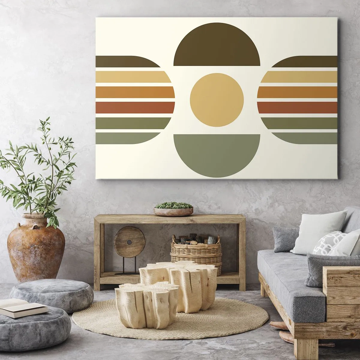 Obraz na plátne - Geometrická kompozícia s polkruhmi a pruhmi v zemitých tónoch - 70x50cm - Vo farbách zeme - Moderná nástenná dekorácia do obývacej izby a spálne ARTTOR