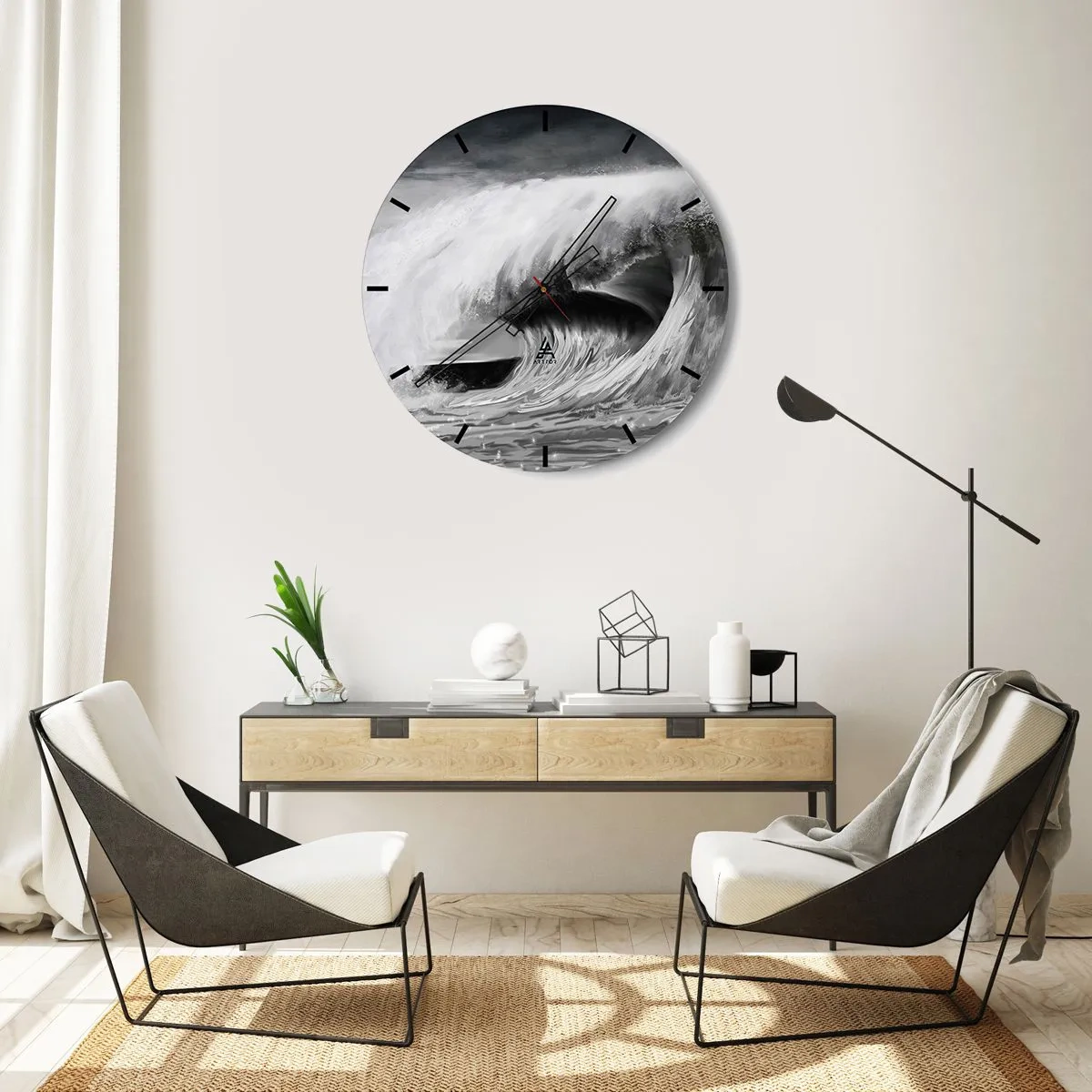 Nástenné hodiny - Dynamická vlna v odtieňoch čiernej a bielej - 30x30cm - Hnev oceánu - Moderná nástenná dekorácia do obývacej izby, kuchyne a spálne ARTTOR