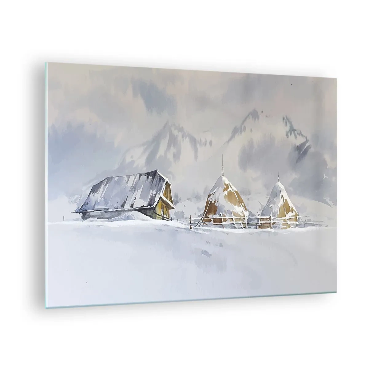 Obraz na skle - Zimná krajina s chatou a kopami sena v horách - 70x50cm - V zasneženom údolí - Moderná nástenná dekorácia do obývacej izby a spálne ARTTOR
