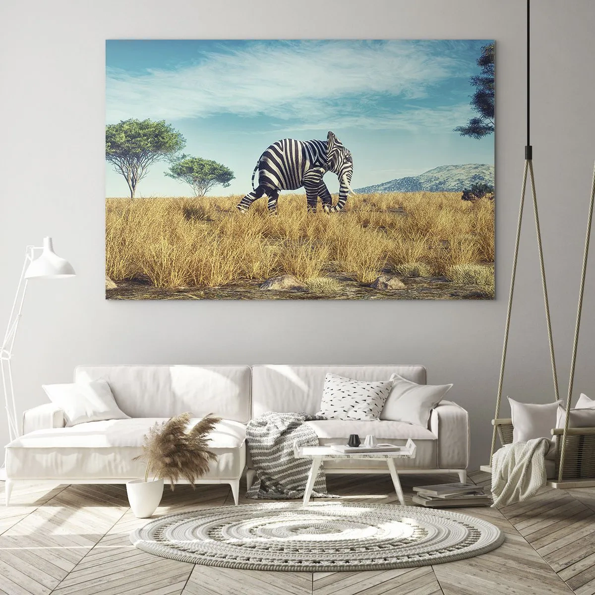 Obraz na skle - Slon so zebrími pruhmi na savane pod oblohou - 70x50cm - Šedá už nie je v móde - Moderná nástenná dekorácia do obývacej izby a spálne ARTTOR