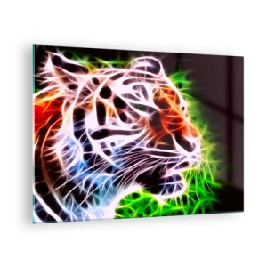 Obraz na skle - Tiger v neónových, žiarivých farbách - 70x50cm - Nebezpečná aura - Moderná nástenná dekorácia do obývacej izby a spálne ARTTOR