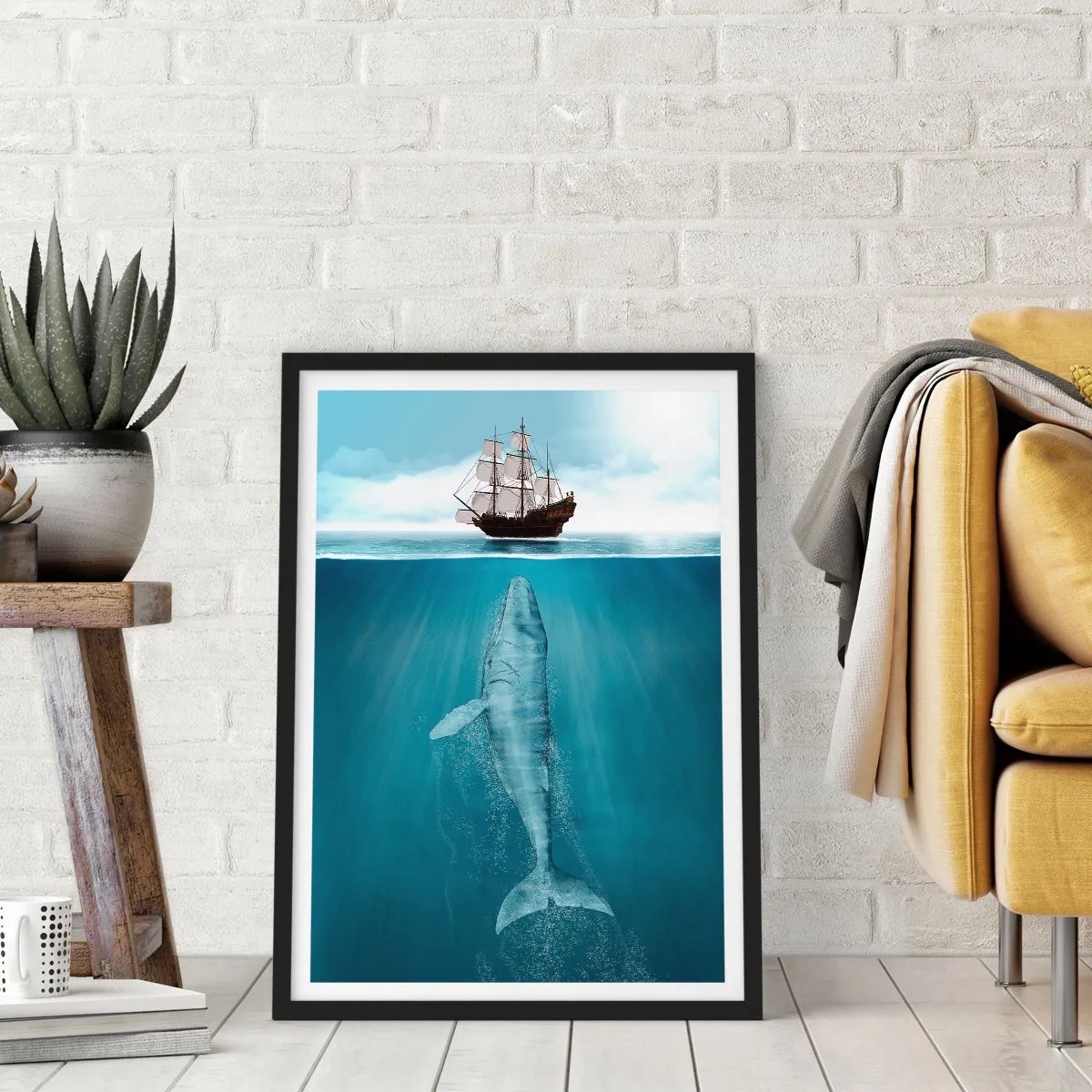 Plagát v čiernom ráme - Loď na hladine vody s veľrybou pod ňou, v surrealistickom zábere - 50x70cm - Lepšie nevedieť - Moderná nástenná dekorácia do obývacej izby a spálne ARTTOR