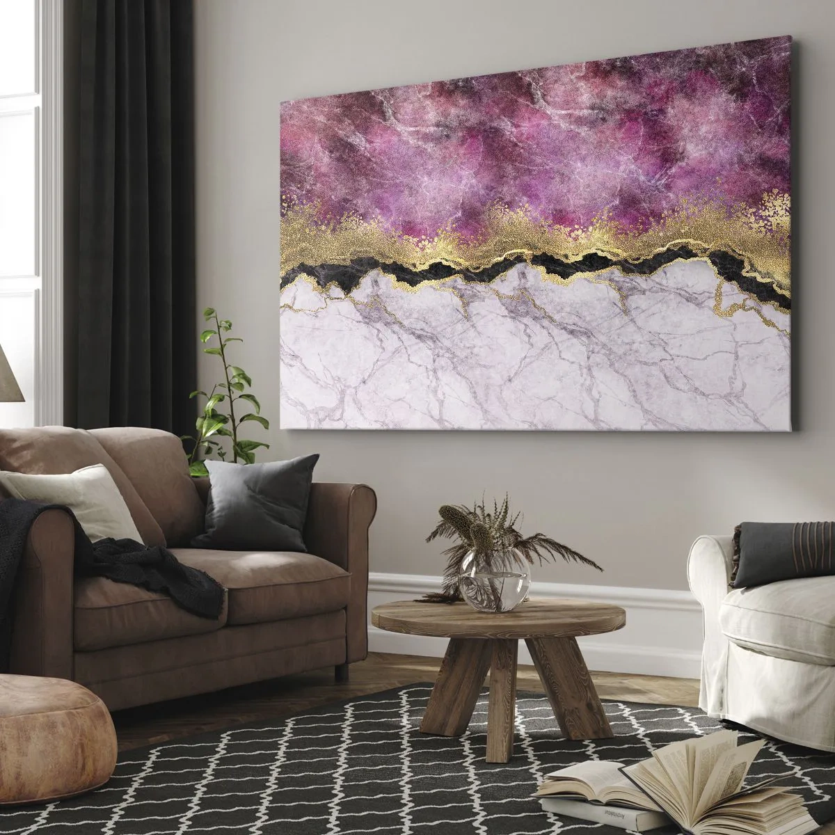 Obraz na plátne - Abstraktný mramor v odtieňoch ružovej so zlatými akcentmi - 70x50cm - Na hranici - Moderná nástenná dekorácia do obývacej izby a spálne ARTTOR