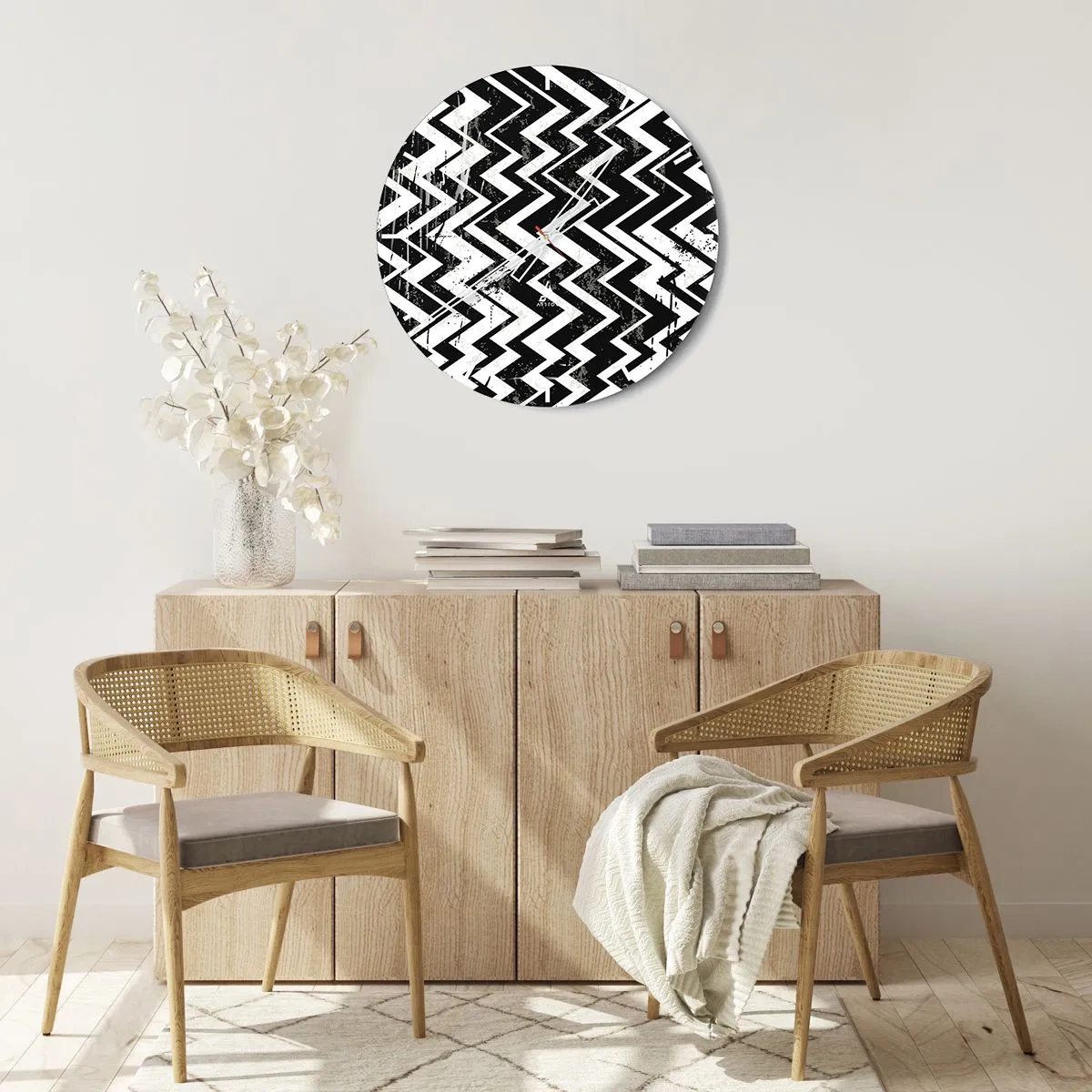 Nástenné hodiny - Čiernobiely cikcakový vzor s umeleckým efektom poškodenia - 30x30cm - Cik-biele, cik-čierne - Moderná nástenná dekorácia do obývacej izby, kuchyne a spálne ARTTOR