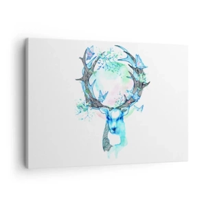 Obraz na plátne - Rozmarná grafika jeleňa s motívom prírody a motýľa - 70x50cm - Sila a jemnosť prírody - Moderná nástenná dekorácia do obývacej izby a spálne ARTTOR