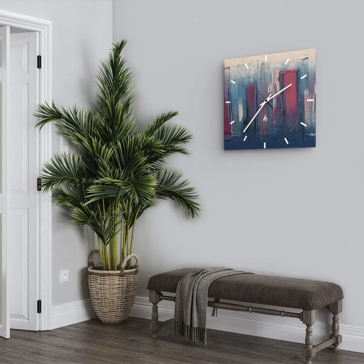 Nástenné hodiny - Vertikálna kompozícia v modrej a červenej - 40x40 cm