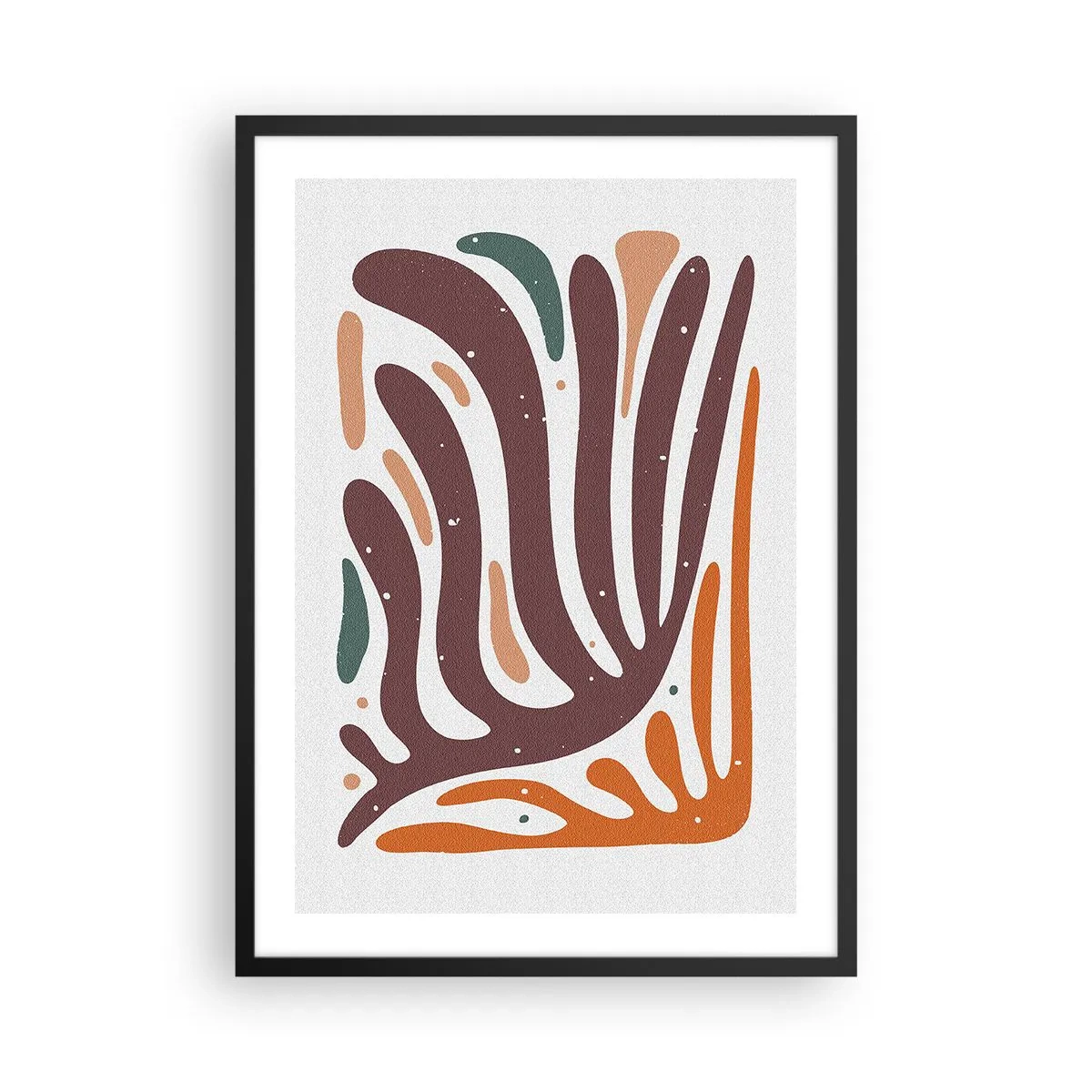 Plagát v čiernom ráme - Organická abstrakcia v teplých odtieňoch hnedej a oranžovej - 50x70cm - Organická a radiálna kompozícia - Moderná nástenná dekorácia do obývacej izby a spálne ARTTOR
