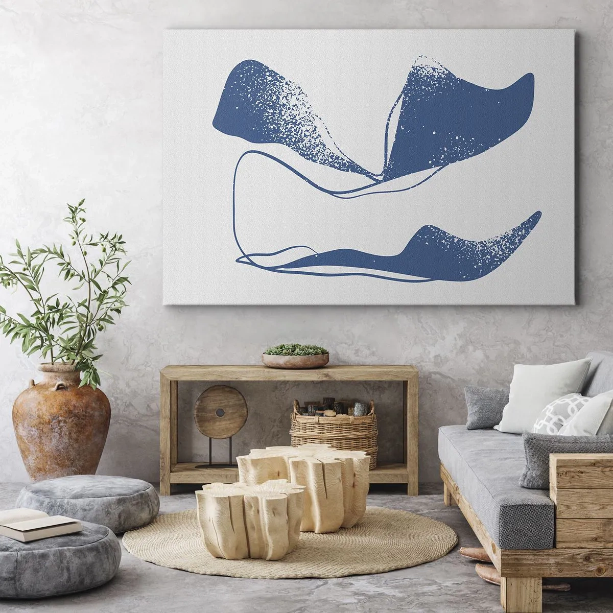 Obraz na plátne - Abstraktné tvary v modrých odtieňoch na bielom pozadí - 70x50cm - Okrídlená abstrakcia - Moderná nástenná dekorácia do obývacej izby a spálne ARTTOR
