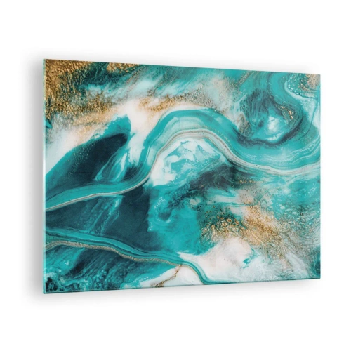 Obraz na skle - Abstraktná kompozícia v tyrkysovej farbe so zlatými akcentmi. - 70x50cm - Rieka zlata - Moderná nástenná dekorácia do obývacej izby a spálne ARTTOR