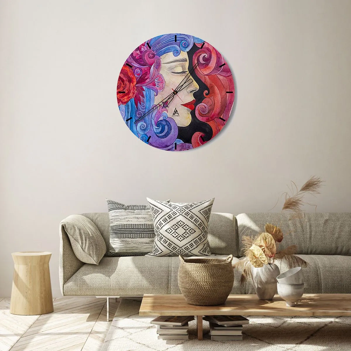 Nástenné hodiny - Farebná tvár s umeleckými ornamentami - 30x30cm - Secesia stále živá - Moderná nástenná dekorácia do obývacej izby, kuchyne a spálne ARTTOR