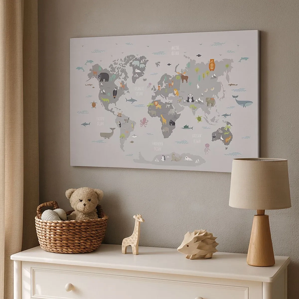 Obraz na plátne - Mapa sveta s ilustráciami zvierat na sivom pozadí - 70x50cm - Povedz mi, odkiaľ si... - Moderná nástenná dekorácia do obývacej izby a spálne ARTTOR