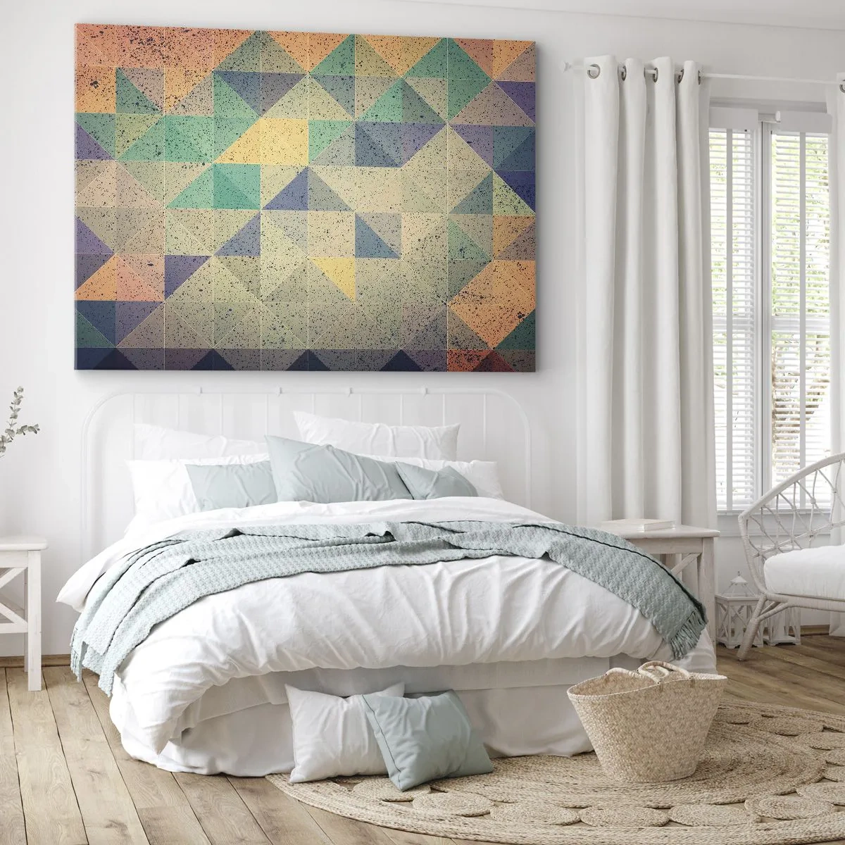 Obraz na plátne - Farebná kompozícia geometrických trojuholníkov v pastelových odtieňoch. - 70x50cm - Republika trojuholníkov - Moderná nástenná dekorácia do obývacej izby a spálne ARTTOR