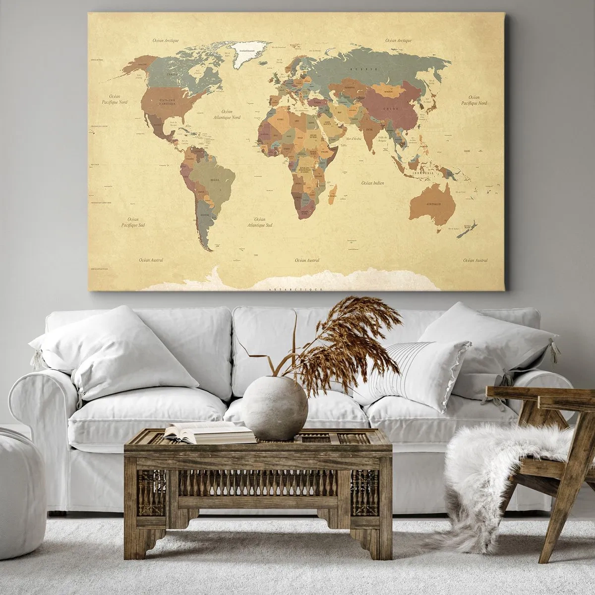 Obraz na plátne - Štylizovaná mapa sveta v odtieňoch béžovej a pastelových farieb. - 70x50cm - Pre teba - celý svet - Moderná nástenná dekorácia do obývacej izby a spálne ARTTOR