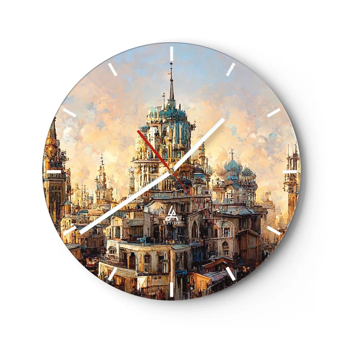 Nástenné hodiny - Veže a budovy fantastického mesta pri západe slnka - 30x30cm - Mesto miest - Moderná nástenná dekorácia do obývacej izby, kuchyne a spálne ARTTOR