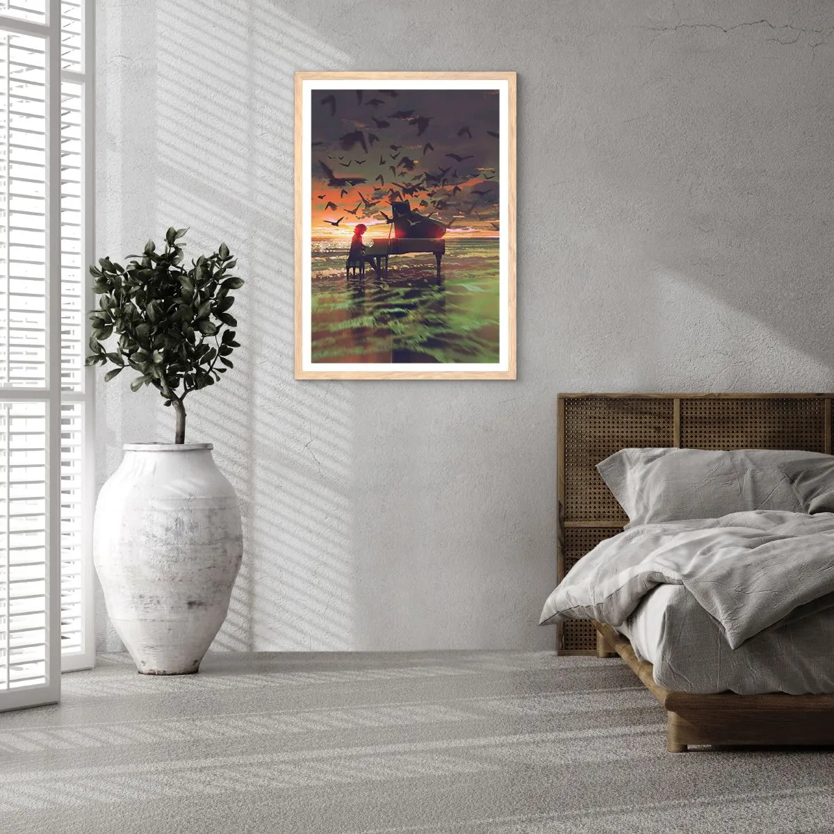 Plagát v ráme zo svetlého duba - Koncert na piano a vlny - 50x70 cm