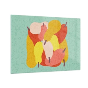 Obraz na skle - Farebné hrušky v grafickom štýle na tyrkysovom pozadí - 70x50cm - Ochutnajte letné slnko - Moderná nástenná dekorácia do obývacej izby a spálne ARTTOR