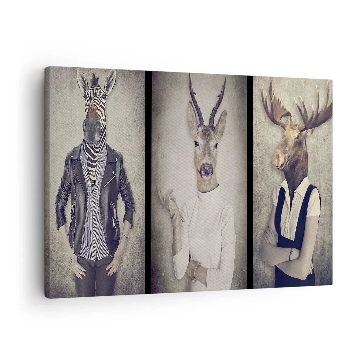 Obraz na plátne - Triptych so zvieracími postavami v ľudskom oblečení na umeleckom pozadí - 70x50cm - Nech prehovoria gestá - Moderná nástenná dekorácia do obývacej izby a spálne ARTTOR